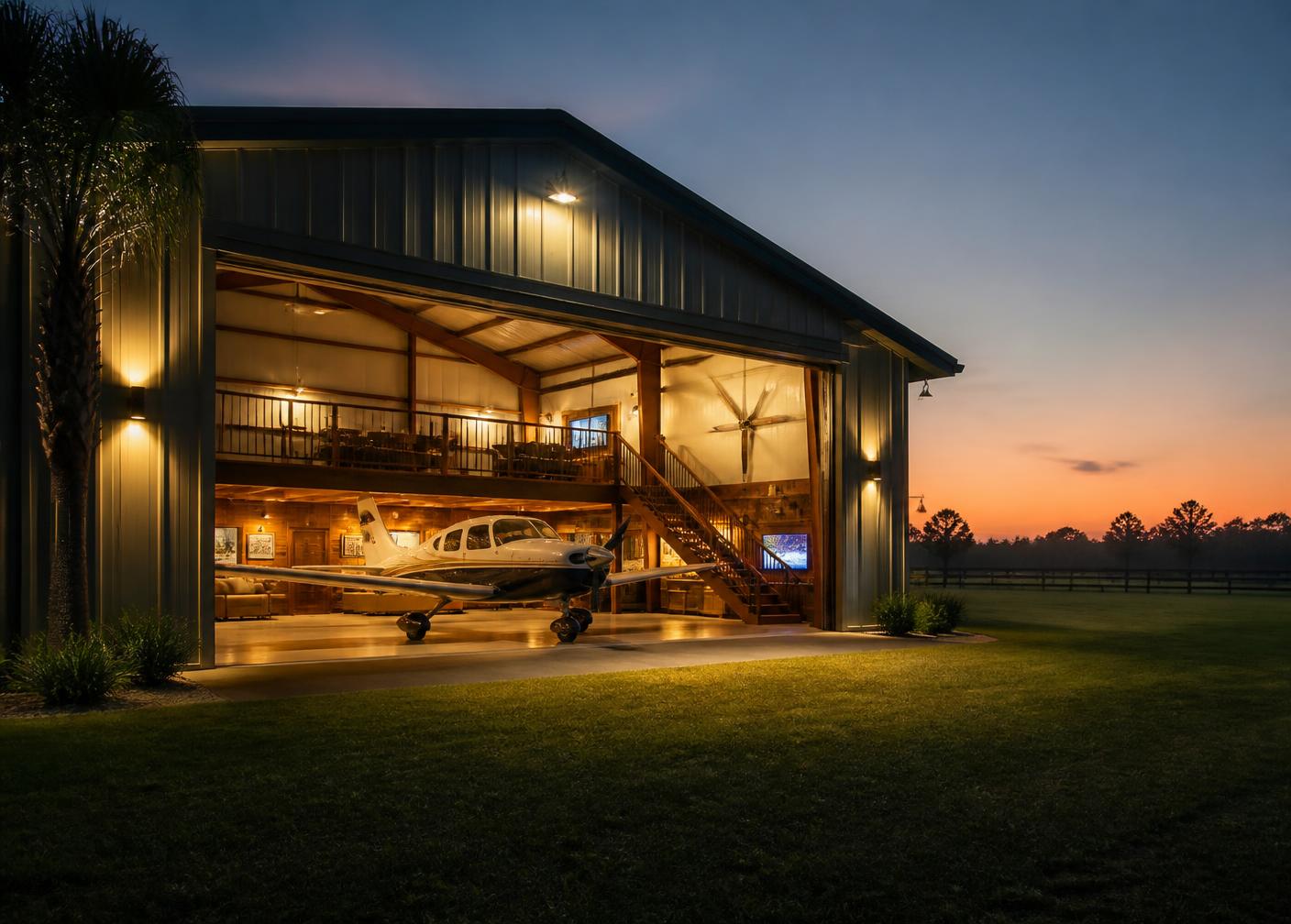 Private aircraft inside a residential hangar beside a grass runway at dusk