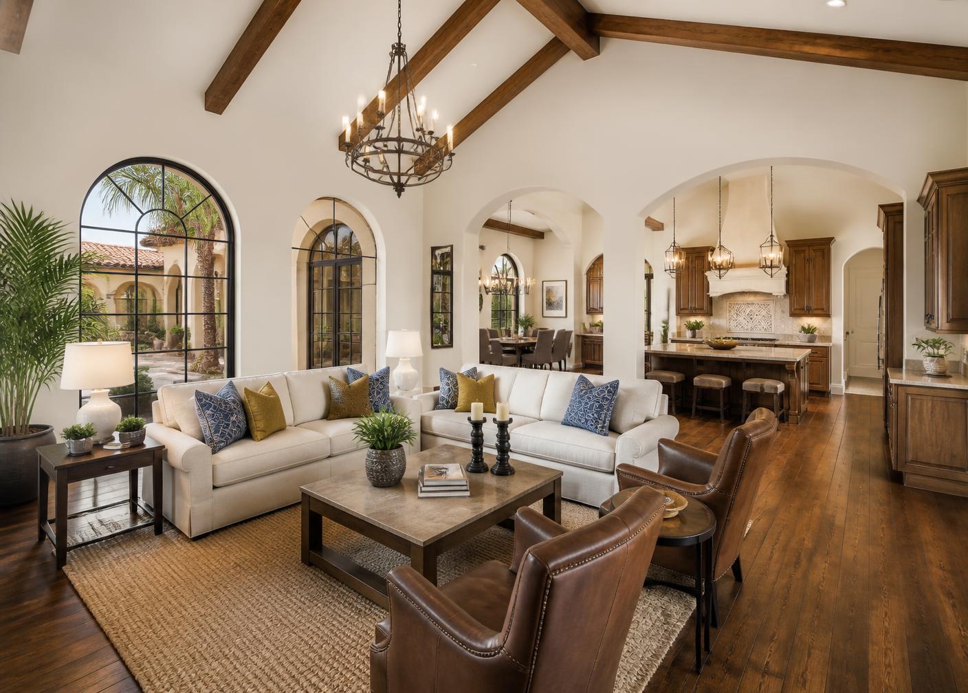 Open-concept great room with vaulted ceiling and wood beams