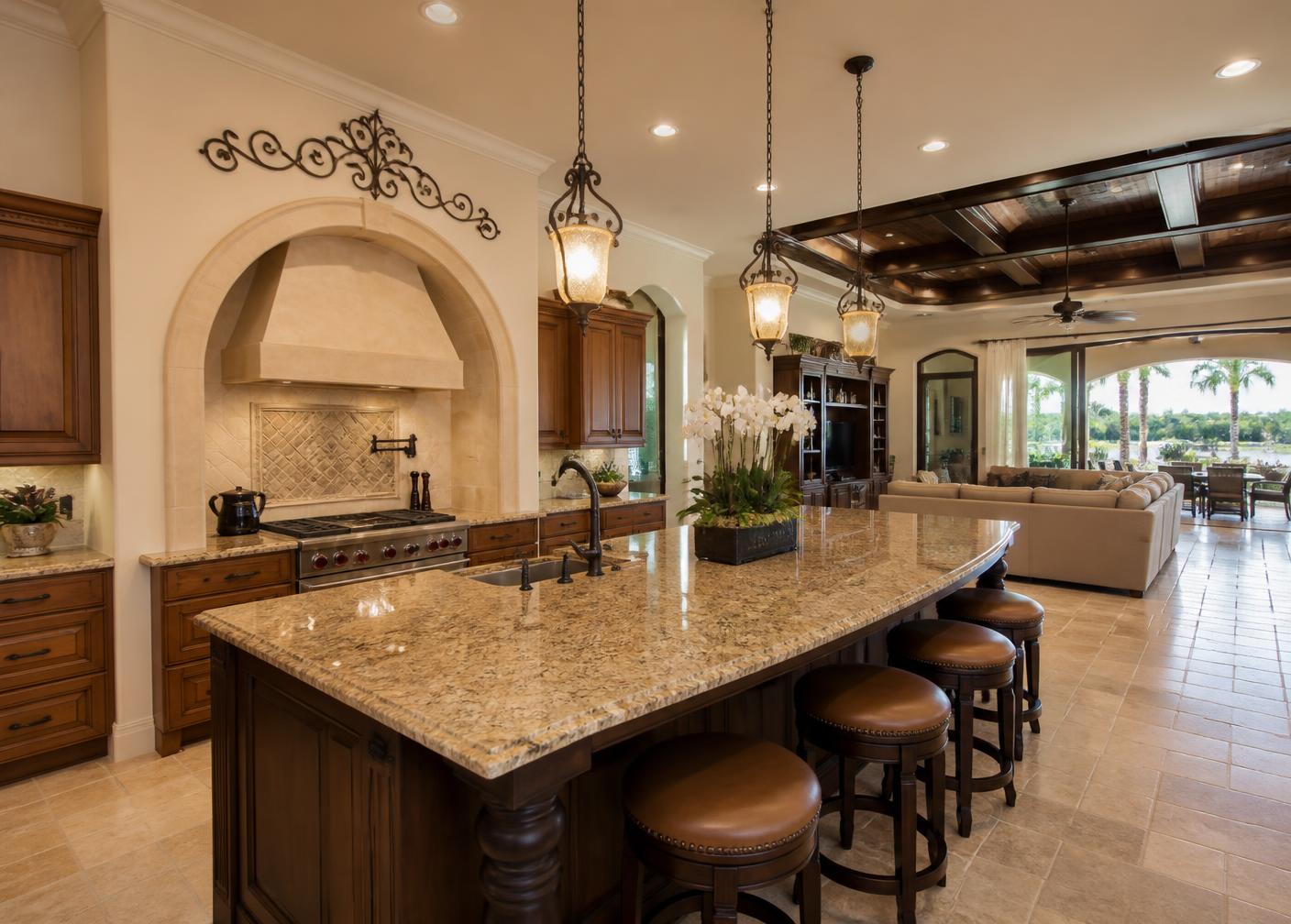 Kitchen with granite island and wood cabinetry