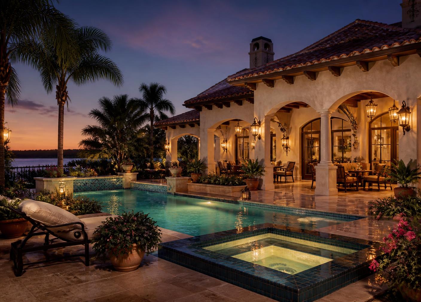 Private in-ground pool and spa beside a covered Mediterranean lanai at twilight