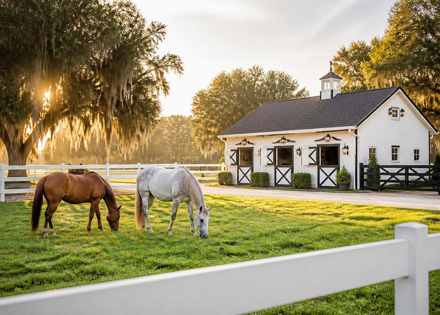 Horses grazing in a fenced pasture beside a three-stall barn
